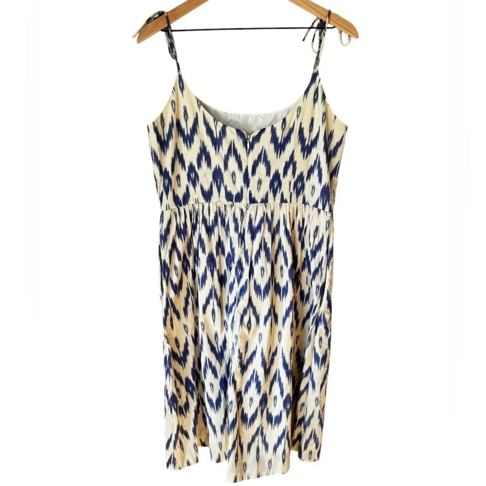 J Crew Cotton Blue White Geometric Tribal Print Lined Tie Strap Dress Sz 10